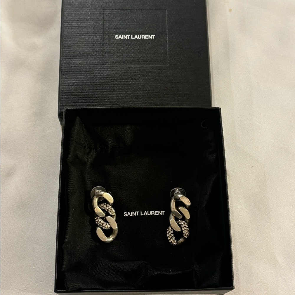 YSL yves saint laurent rhinestone thick chain link metal earrings